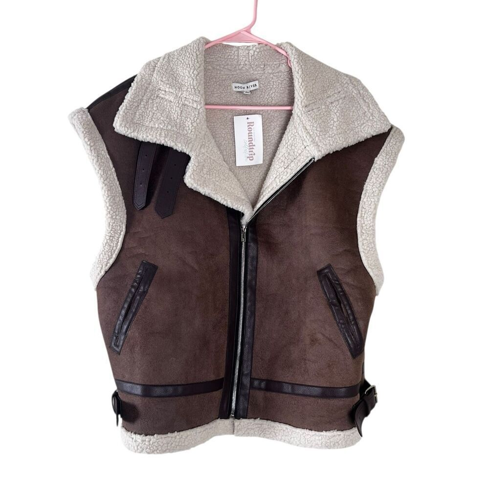 Moon River M anthropologie Ellie Faux Shearling brown Vest moto Viking - Picture 4 of 11